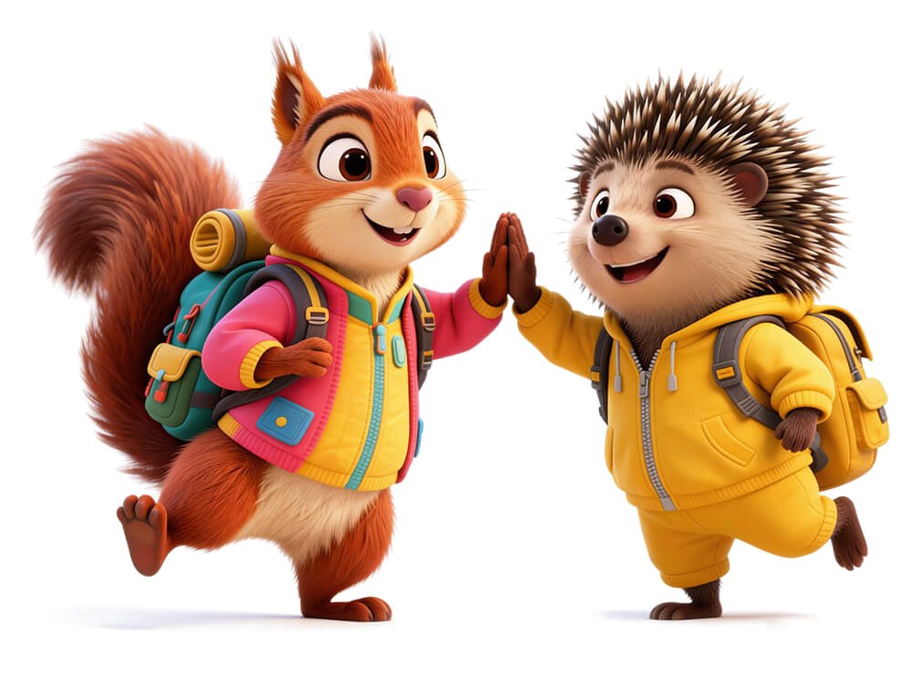Mita the squirrel and Babu the hedgehog high-fiving
