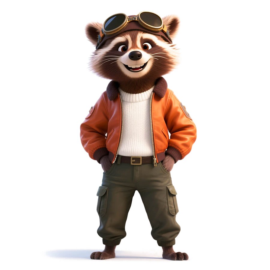 A Zoobo companion in a flight jacket and goggles